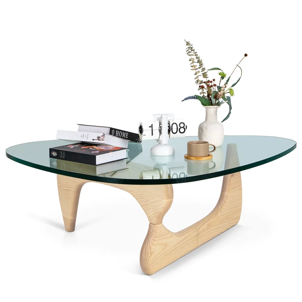 Triangle Tempered Glass Coffee Table Solid Wooden Base G393
