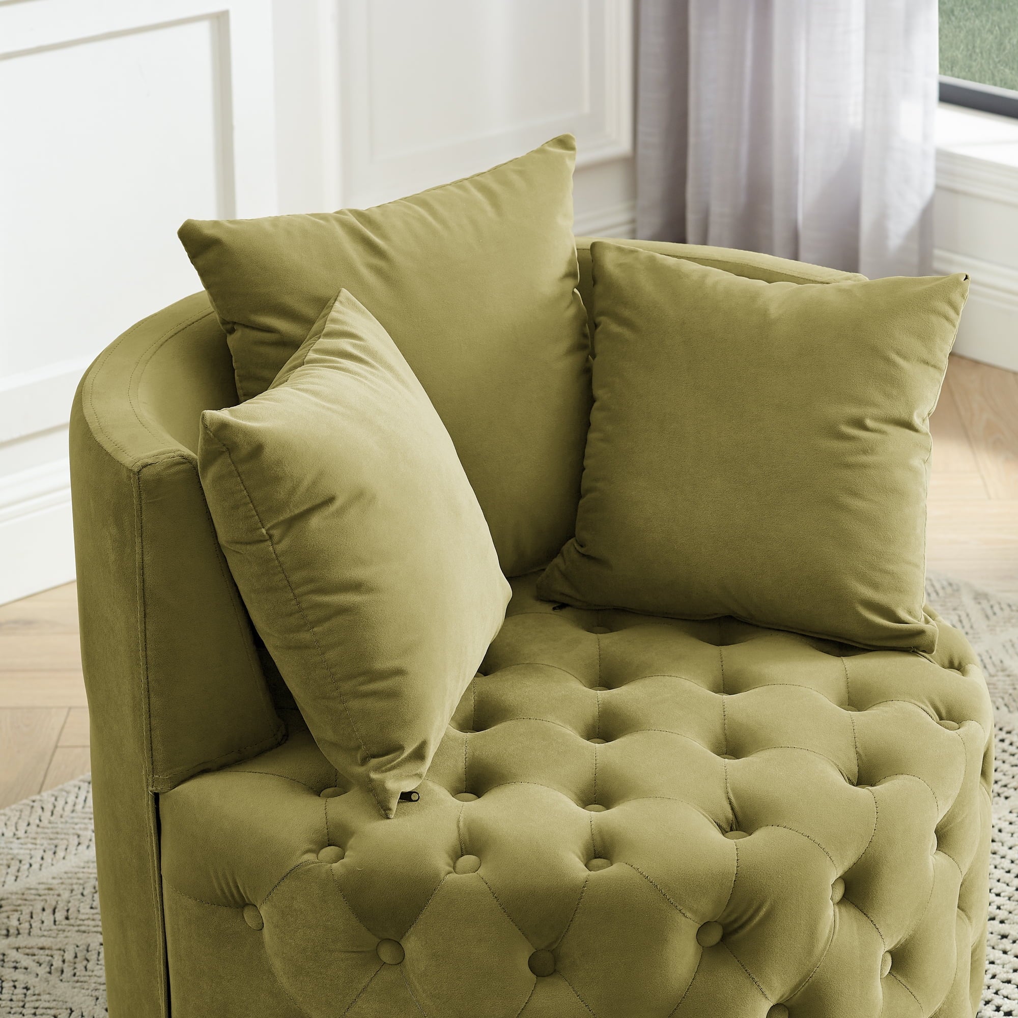 Khaki Green Velvet Swivel Chair with Wheels H93611