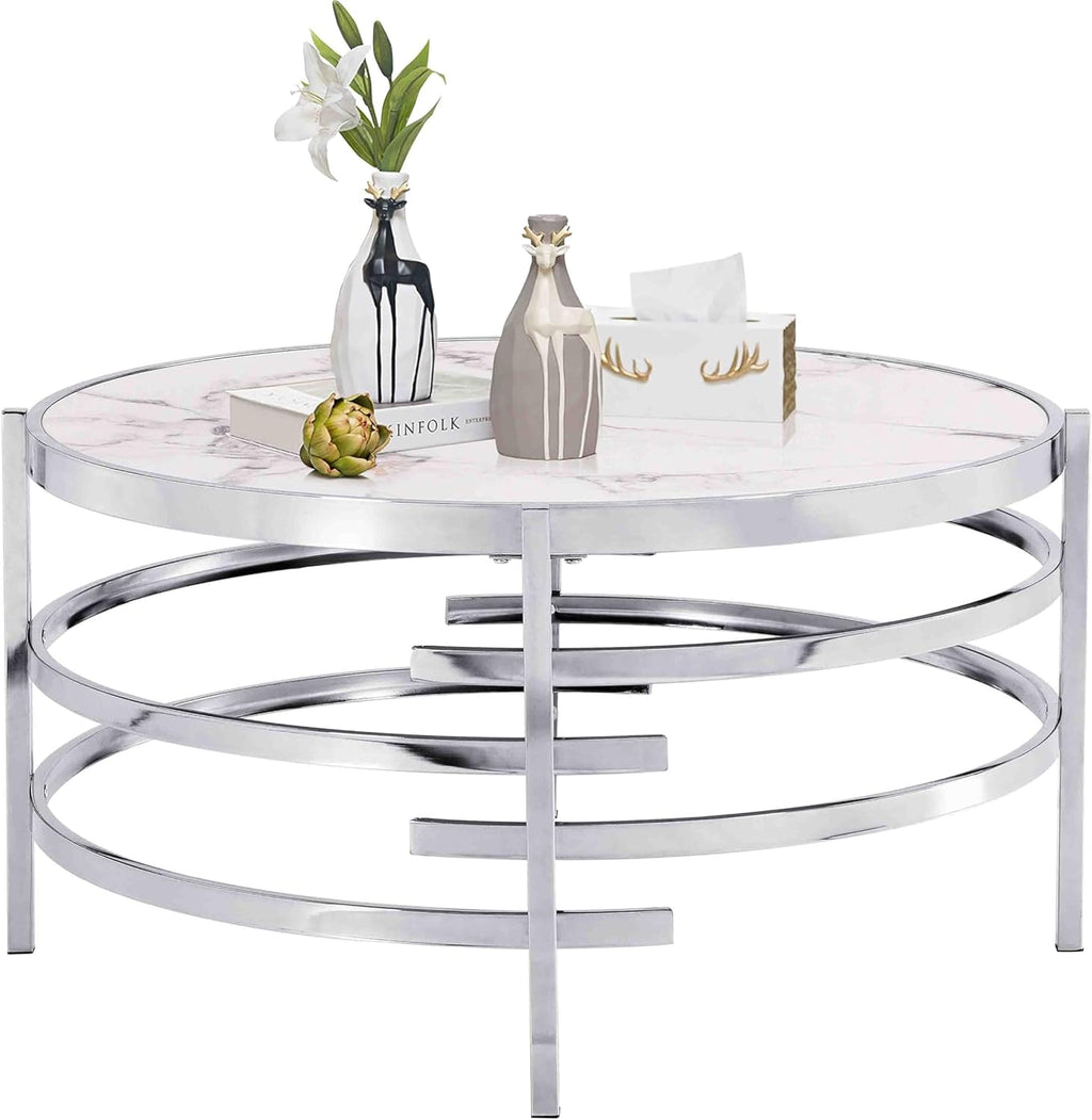Modern Round Coffee Table with Faux Marble Sintered Stone & Silver Metal Frame B41328
