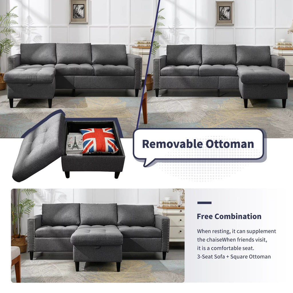 Reversible Sectional Couch, 3 Seat L Shaped Modular Sleeper Sofa Bed with Storage Ottoman Chaise, Dark Grey O42958