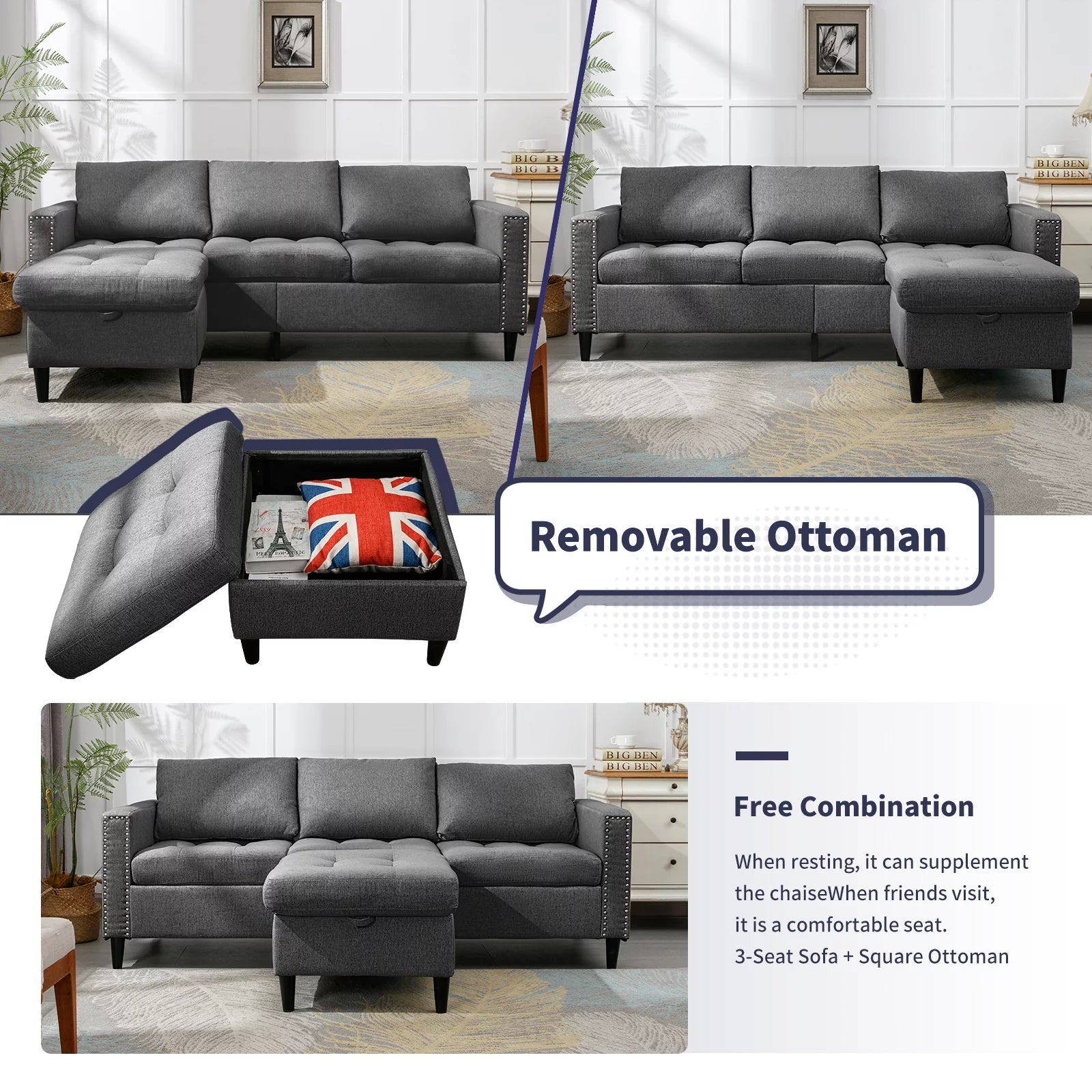 Reversible Sectional Couch, 3 Seat L Shaped Modular Sleeper Sofa Bed with Storage Ottoman Chaise, Dark Grey O42958