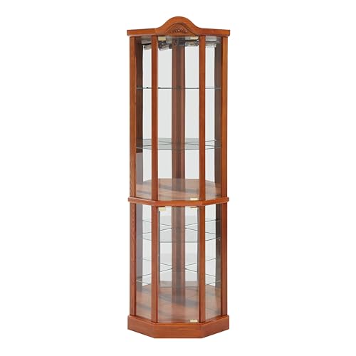 Oak Lighted Wooden Corner Display Curio Cabinet with Tempered Glass Doors L2649