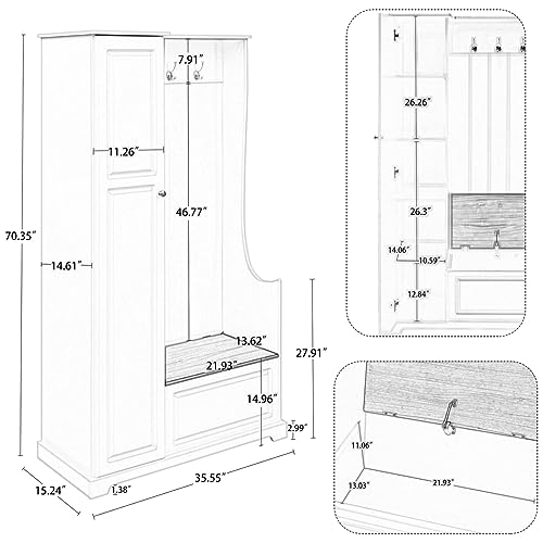 Black Hall Tree with Flip-Up Bench, Shoe Cabinet with Adjustable Shelves, Coat Rack with Hanging Hooks U283140
