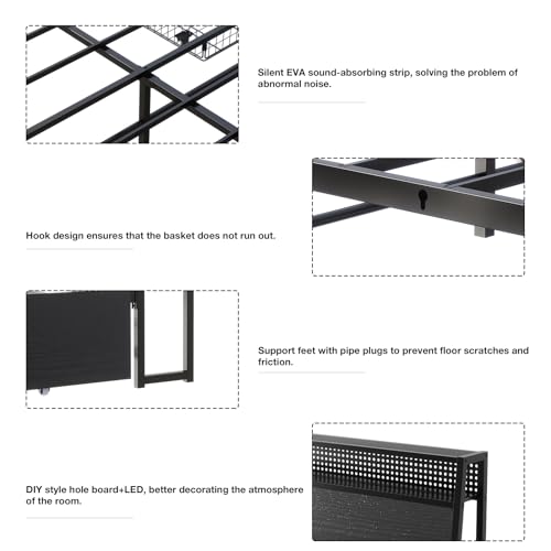 Queen Bed Frame with LED Lights, Metal Platform Bed Frame with 4 Storage Drawers, Tall Bookcase Headboard and Charging Station, Black D867