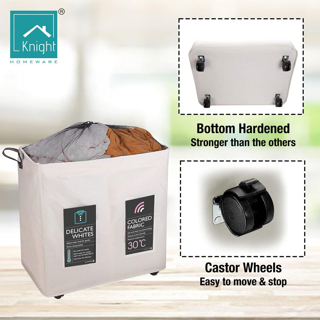 120L Collapsible Laundry Basket with Wheels, 2 Section, Mesh Cover, Handles, Ivory I50558