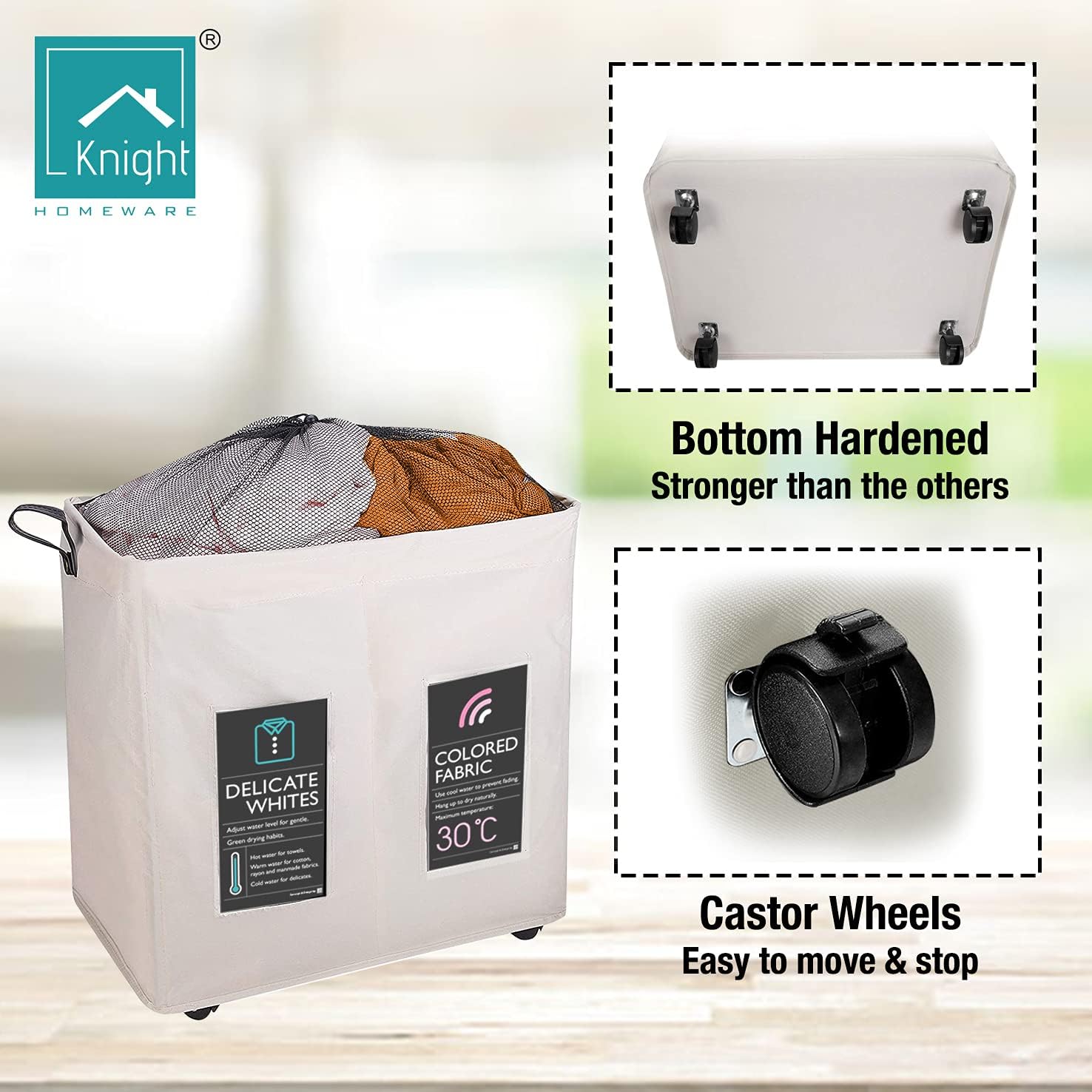 120L Collapsible Laundry Basket with Wheels, 2 Section, Mesh Cover, Handles, Ivory I50558