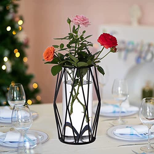 2Pcs Gold Pillar Hurricane Candle Holders, Clear Glass Candleholders with Geometric Metal Rack Stand, 8.5" M277628