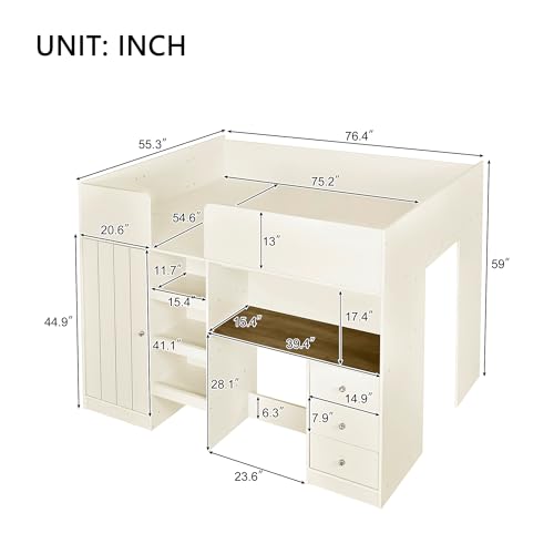 Gray Full Size Wood Loft Bed with Desk L82619