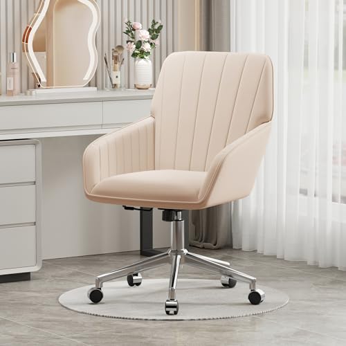 Cream Velvet Height Adjustable Swivel Desk Chair with Wheels K907322