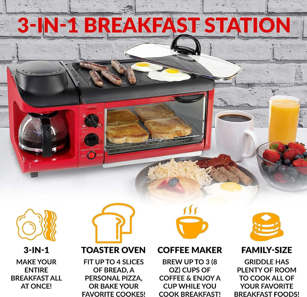 3-in-1 Breakfast Station with Coffee Maker, Non-Stick Griddle, and 4-Slice Toaster Oven - Red Z603