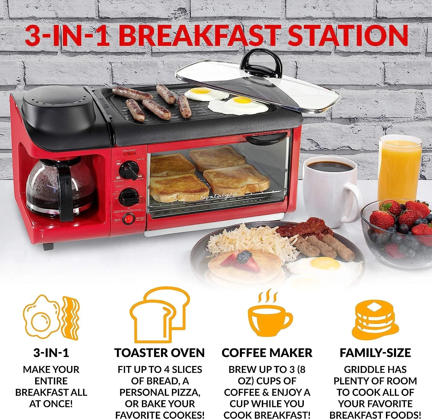 3-in-1 Breakfast Station with Coffee Maker, Non-Stick Griddle, and 4-Slice Toaster Oven - Red Z603