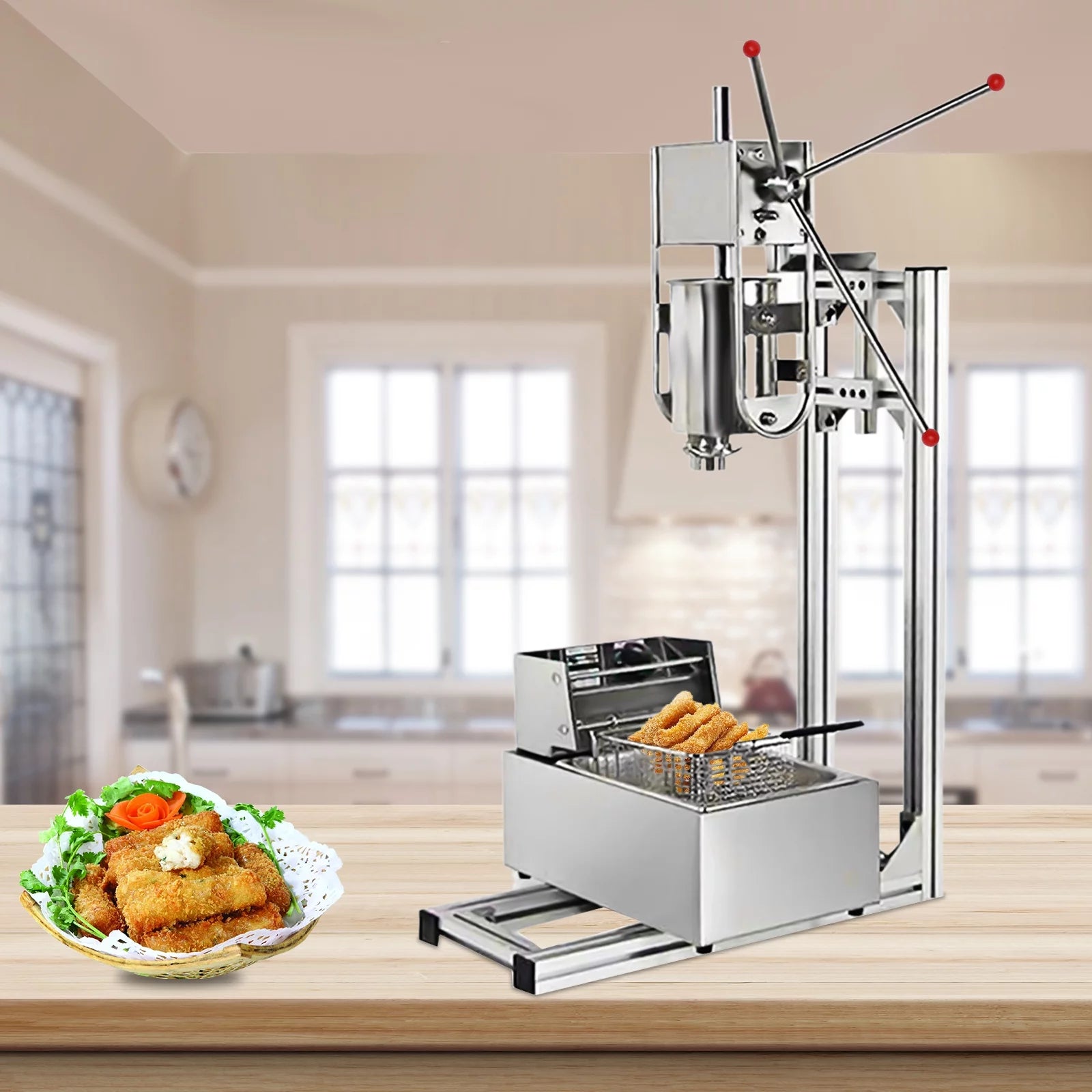 Manual Stainless Steel Vertical Sausage Stuffer with Fryer 2 in 1 Sausage Maker Spanish Churro Maker 12L Fryer A83077