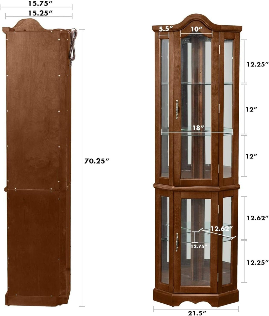 Walnut Corner Curio Cabinet with Glass Doors and Shelves B429047