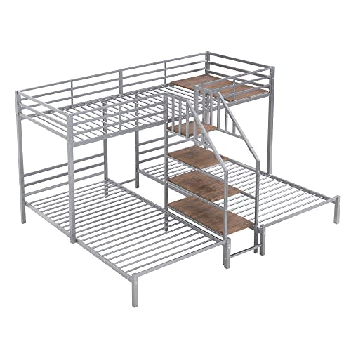 Full-Over-Twin-Twin Solid Wood Triple Bunk Bed with Wardrobe and Mirror (Grey) O3292