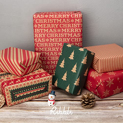 6 Rolls Kraft Christmas Wrapping Paper with Snowflake/Tree/Red Stripe/Merry Christmas Pattern, 17 inch x 120 inch Per Roll P58520