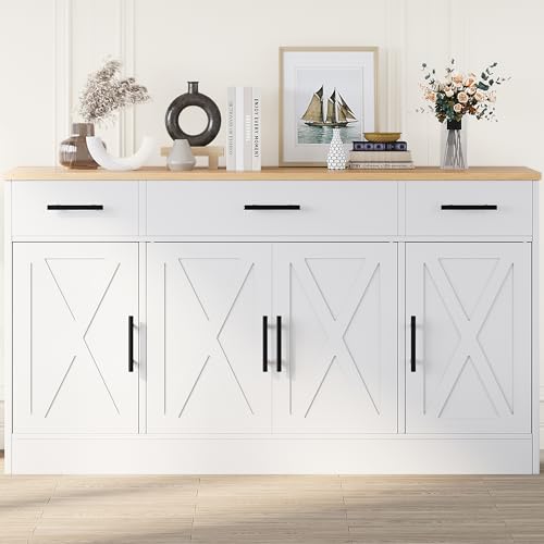 White 53.4" Wood Buffet Cabinet with 3 Drawers and 4 Doors N2279
