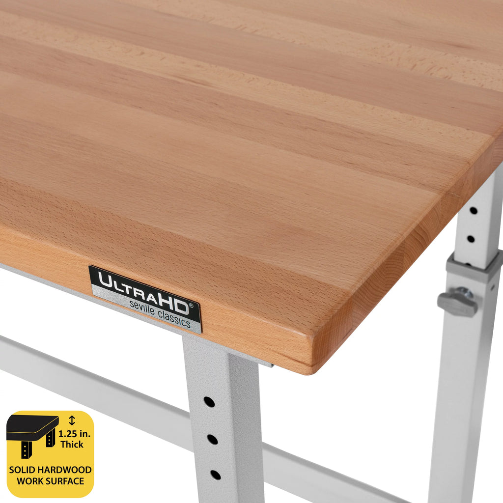 Heavy Duty Workbench Table with Solid Wood Top, 60" W x 24" D x 28.5" to 42" High I3841