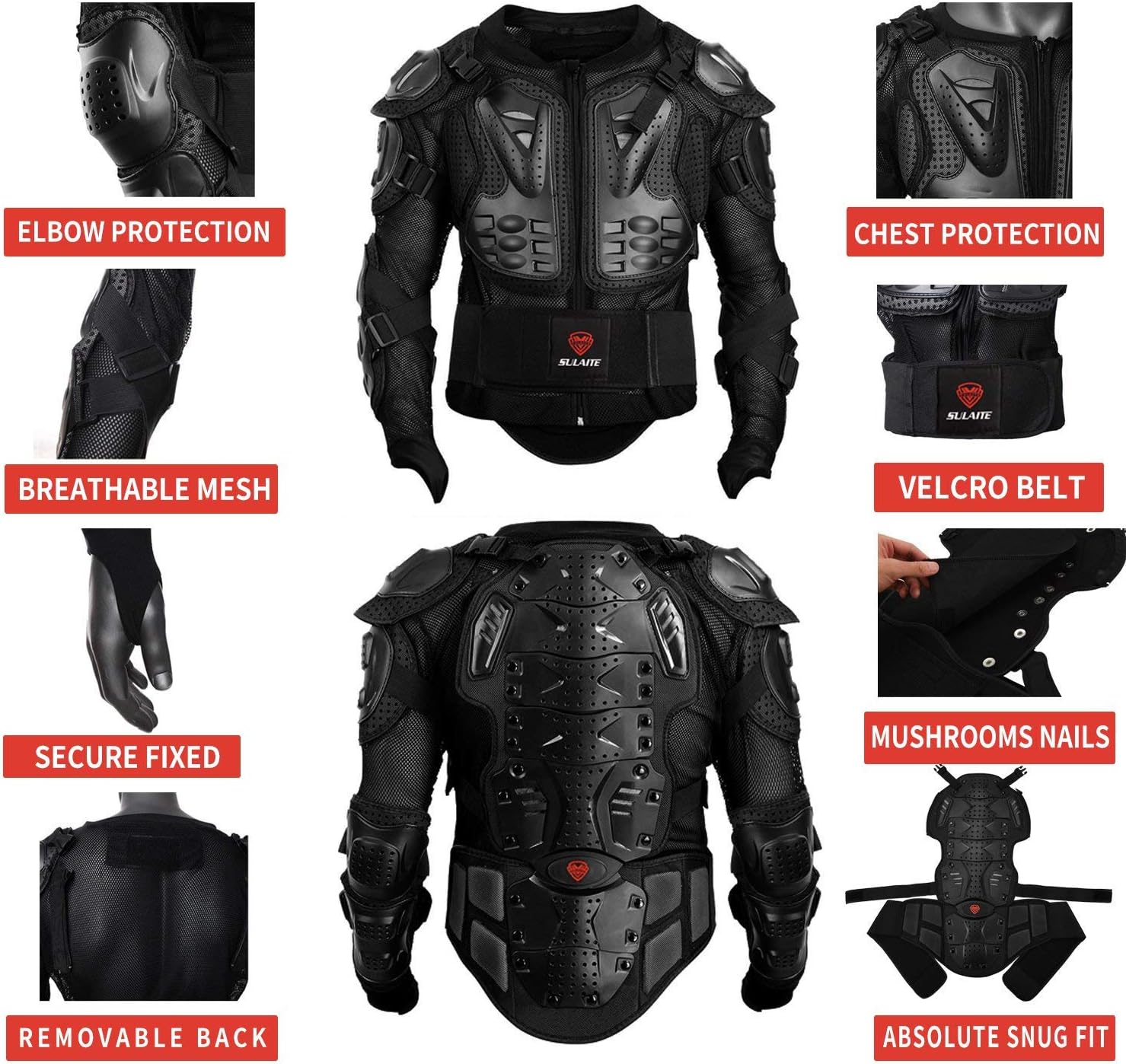 Black Adjustable Motorcycle Protective Jacket and Knee Pads Guard Gear T978437