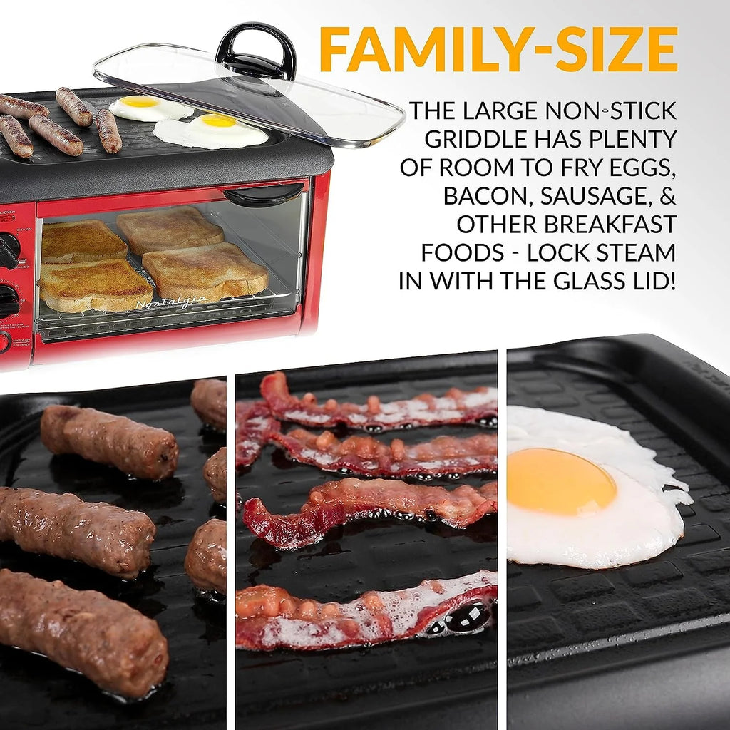 3-in-1 Breakfast Station with Coffee Maker, Non-Stick Griddle, and 4-Slice Toaster Oven - Red Z603
