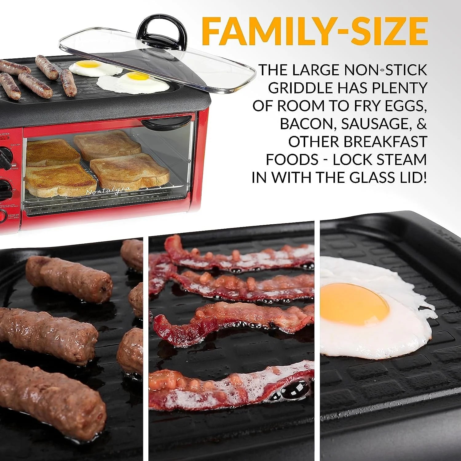 3-in-1 Breakfast Station with Coffee Maker, Non-Stick Griddle, and 4-Slice Toaster Oven - Red Z603