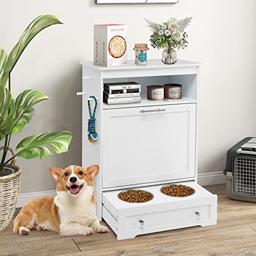White Dog Food Storage Cabinet with 2 Raised Dog Bowls K24780