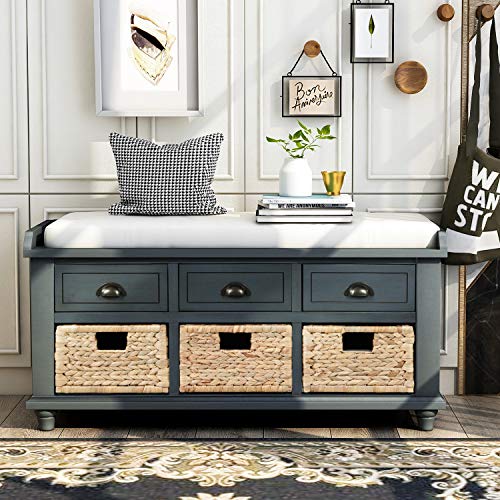 Navy Wood Shoe Storage Bench with Cushion and 2 Drawers V905