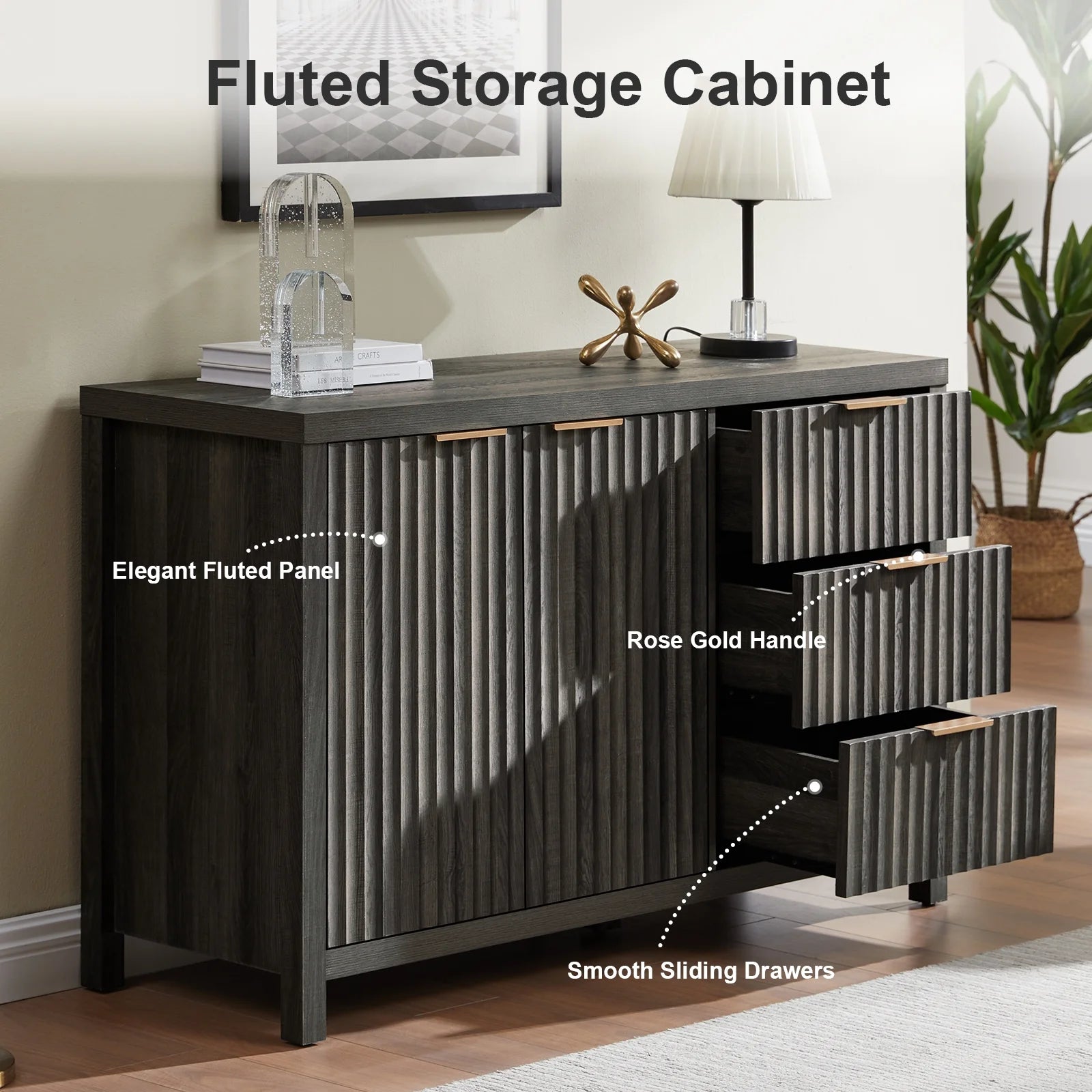 Black Oak Buffet Sideboard Storage Cabinet with Drawer and Doors E84898