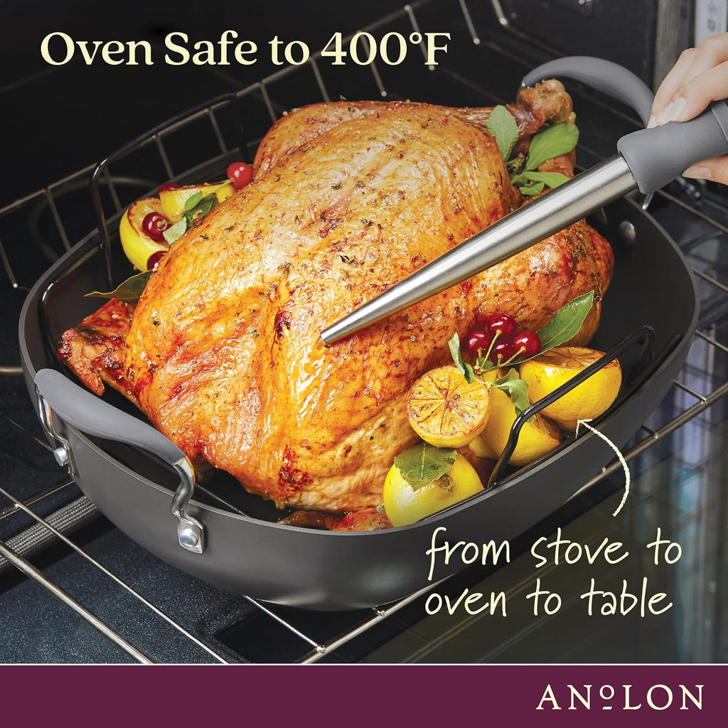 16 Inch x 13 Inch Hard Anodized Nonstick Roasting Pan with Rack Q66130