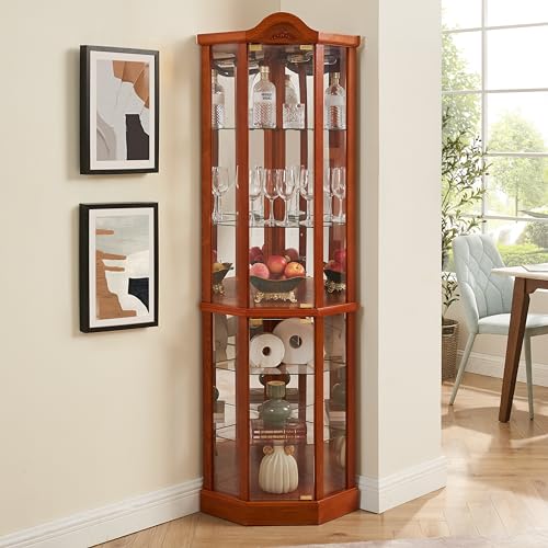 Oak Lighted Wooden Corner Display Curio Cabinet with Tempered Glass Doors L2649