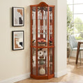 Oak Lighted Wooden Corner Display Curio Cabinet with Tempered Glass Doors L2649