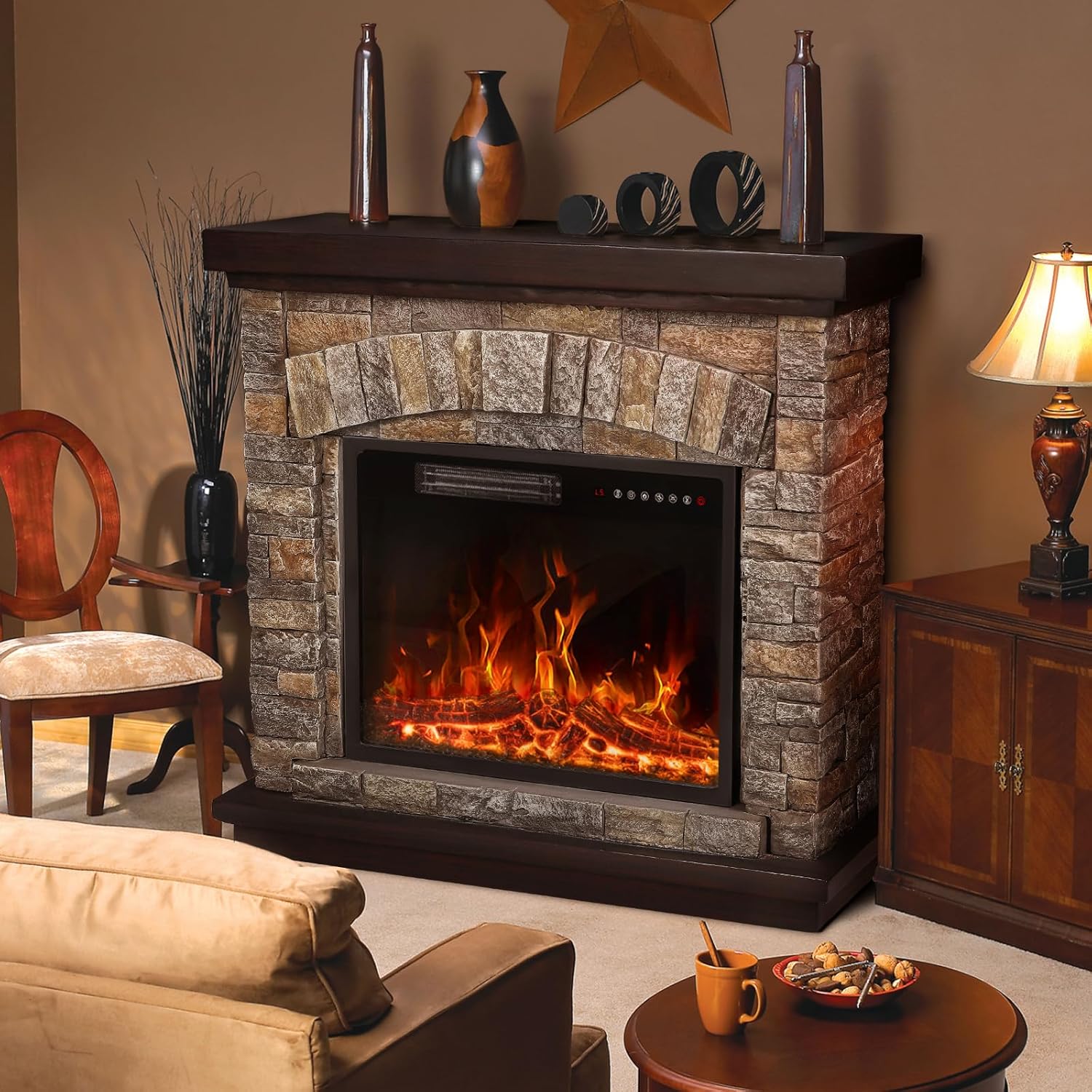 36 inch Freestanding Stone Electric Fireplace Heater TV Stand with Remote Control S864