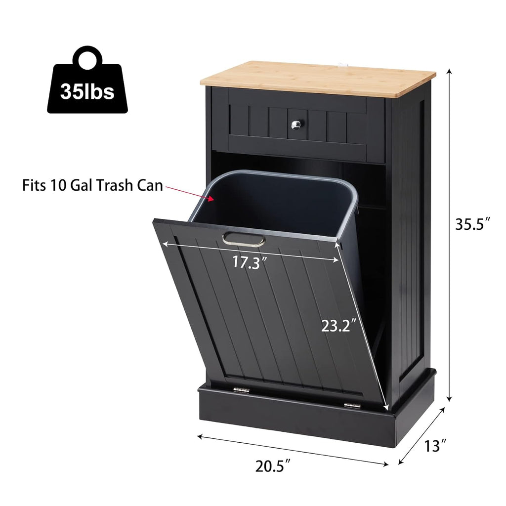 Black 10 Gallon Wood Trash Can Cabinet with Drawer & Cutting Board D4819