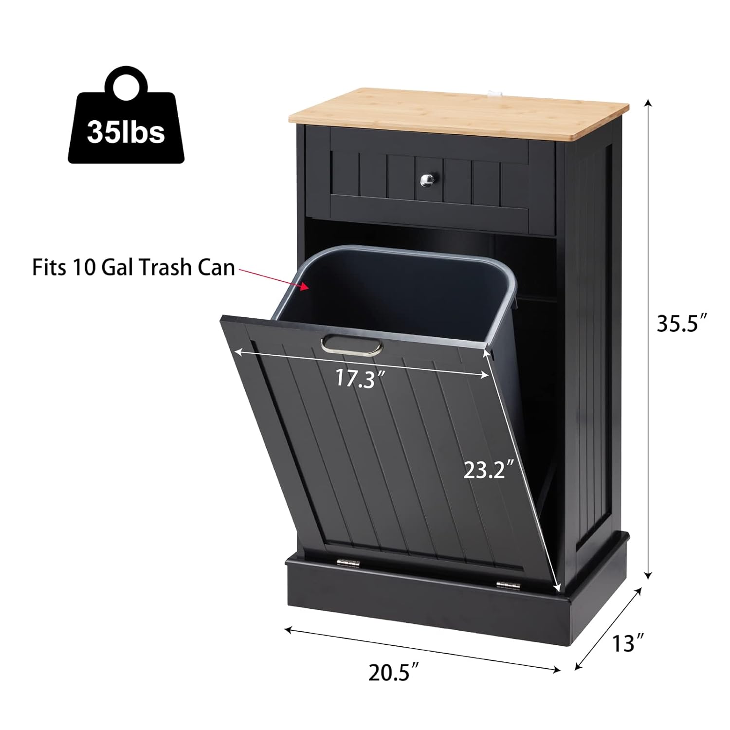 Black 10 Gallon Wood Trash Can Cabinet with Drawer & Cutting Board D4819