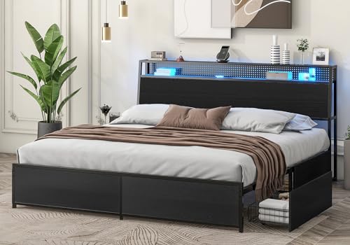 Queen Bed Frame with LED Lights, Metal Platform Bed Frame with 4 Storage Drawers, Tall Bookcase Headboard and Charging Station, Black D867