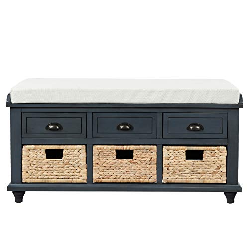 Navy Wood Shoe Storage Bench with Cushion and 2 Drawers V905