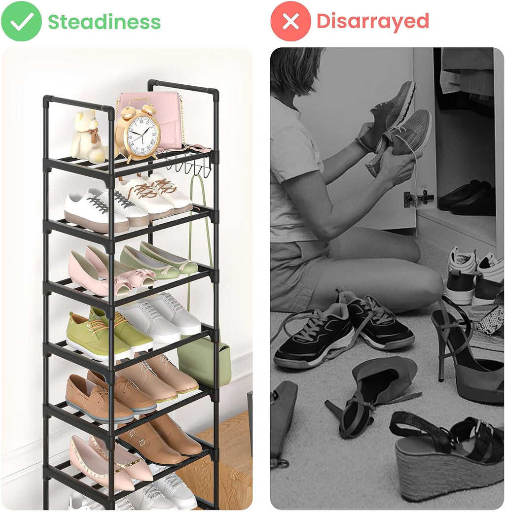 10 Tiers Metal Narrow Black Shoe Rack with 2 Boxes and 1 Hook M248643