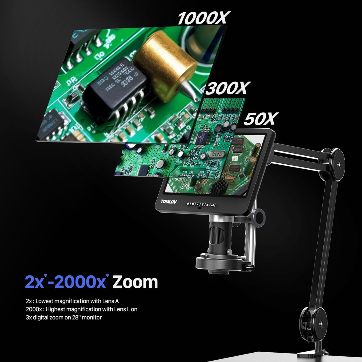 Flex Digital Soldering Microscope 2000x, 10.1" HDMI Microscope with 3 Lens, Ring Light, 64GB Q2569