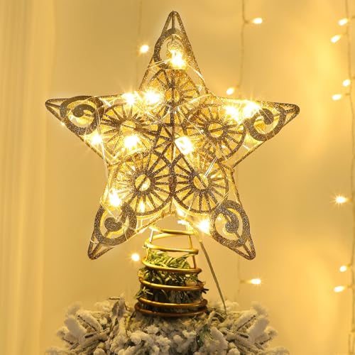 Star Tree Topper with 20 LED Lights, Metal Golden Lighted Treetop Ornaments, 6.5 x 6.5 Inches T48444