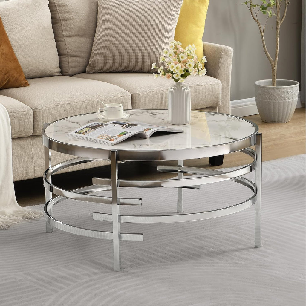 Modern Round Coffee Table with Faux Marble Sintered Stone & Silver Metal Frame B41328
