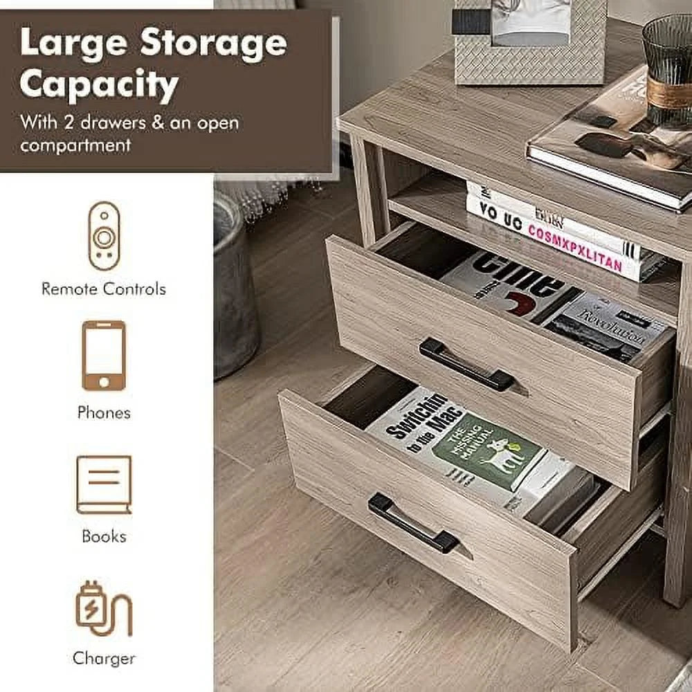 Oak 2 Drawer Wooden Nightstand X20573