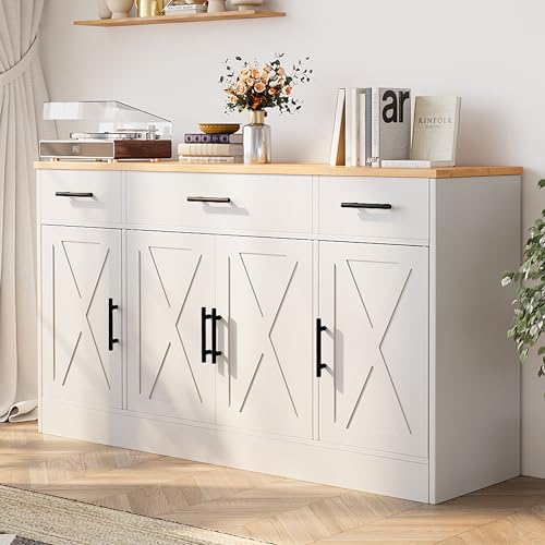 White 53.4" Wood Buffet Cabinet with 3 Drawers and 4 Doors N2279