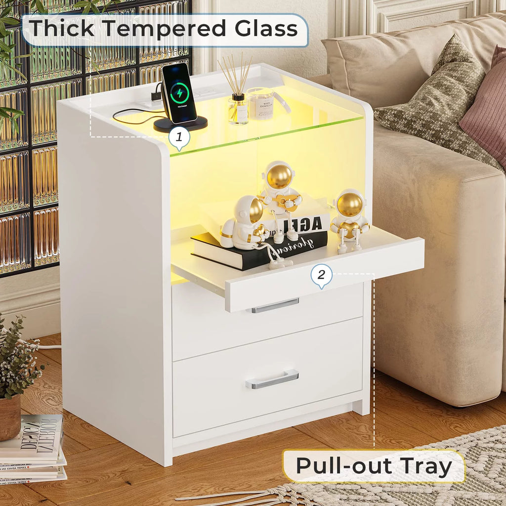 White LED Nightstand with 2 Drawers and Pull-Out Shelf Z37050