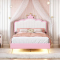 White and Pink Twin Upholstered Platform Bed with Light Strips and Golden Metal Legs L931996