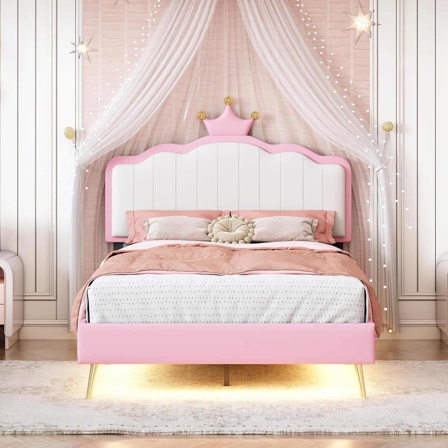 White and Pink Twin Upholstered Platform Bed with Light Strips and Golden Metal Legs L931996