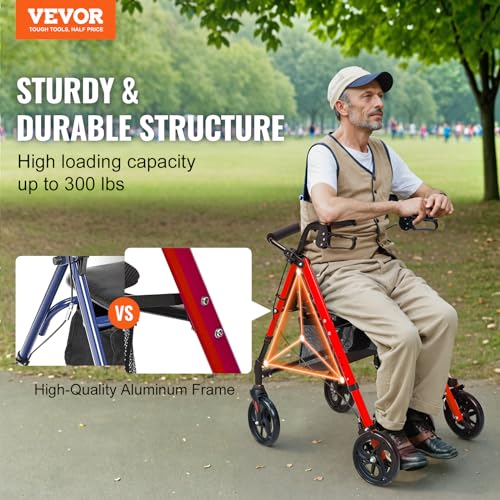 Blue + Black Lightweight Aluminum Folding Rollator Walker with Adjustable Seat and Handle P4353