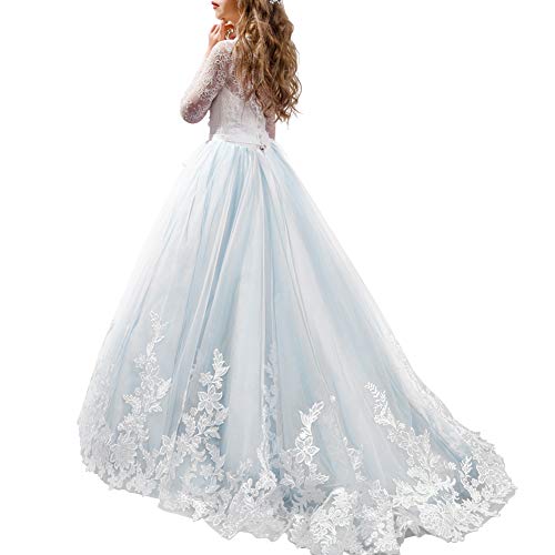 Girls Long Sleeve Lace Flower Wedding Bridesmaid Party Dresses Floor Length Tulle Ball Gown V455