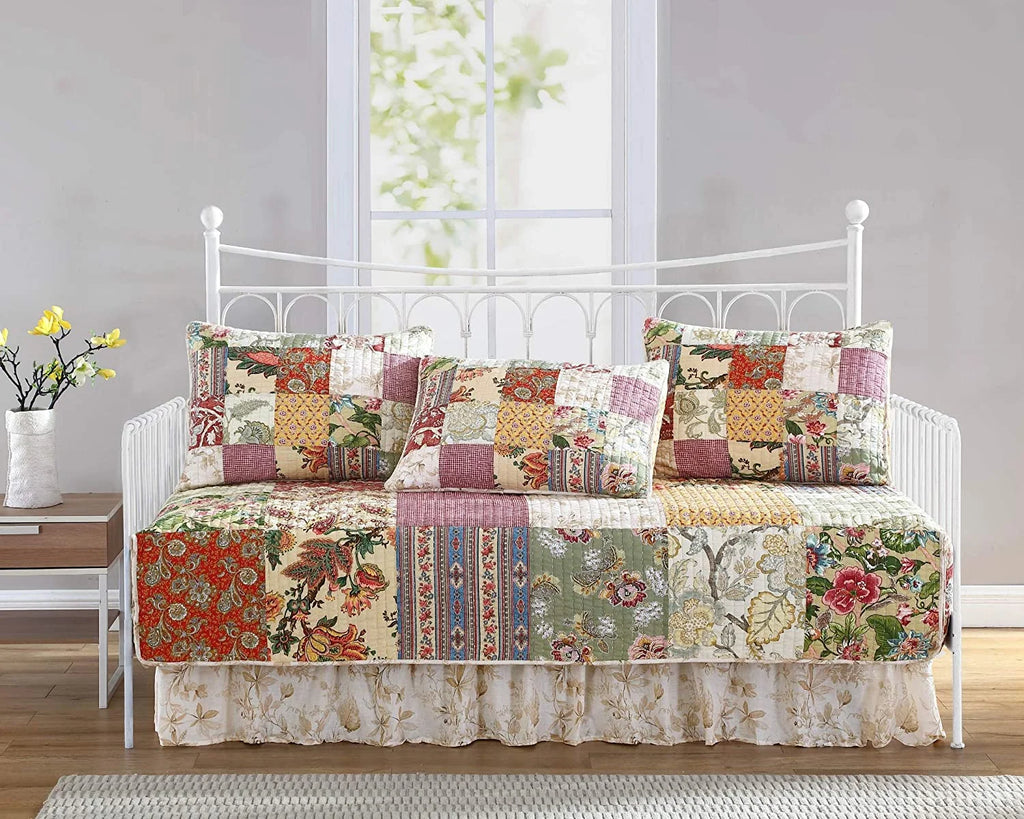 5-Piece Floral Patchwork Reversible 100% Cotton Quilted Daybed Set K9728