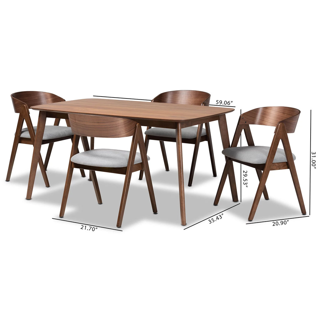 Grey Fabric Upholstered and Walnut Brown Finished Wood 5-Piece Dining Set B705990