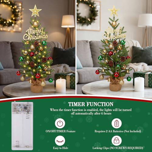 24-inch Mini Christmas Tree with 30 LED Lights & 26 Ornaments, PE Branch Tips & Cement Base E893929