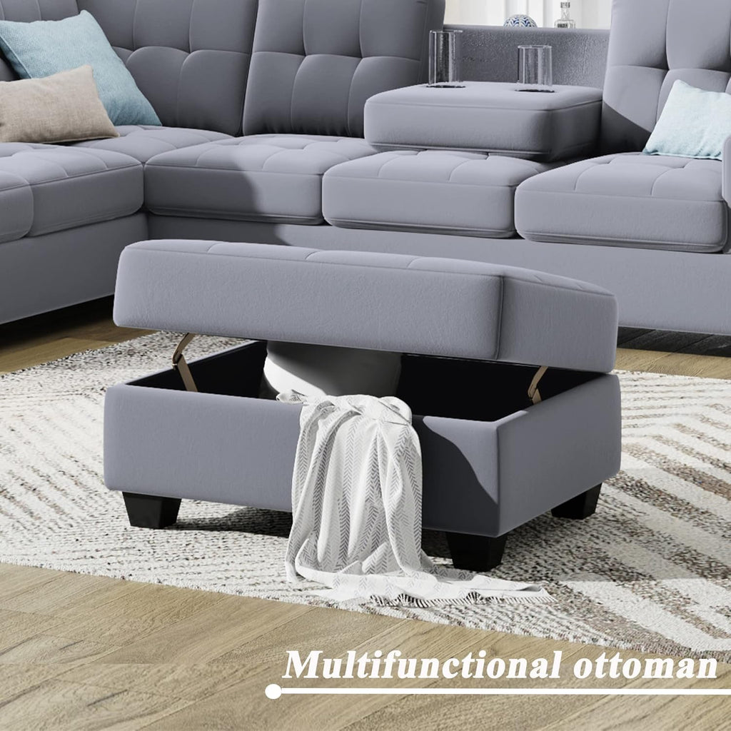 Linen Upholstered L Shaped Sofa Set with Ottoman Storage, Light Gray N2265